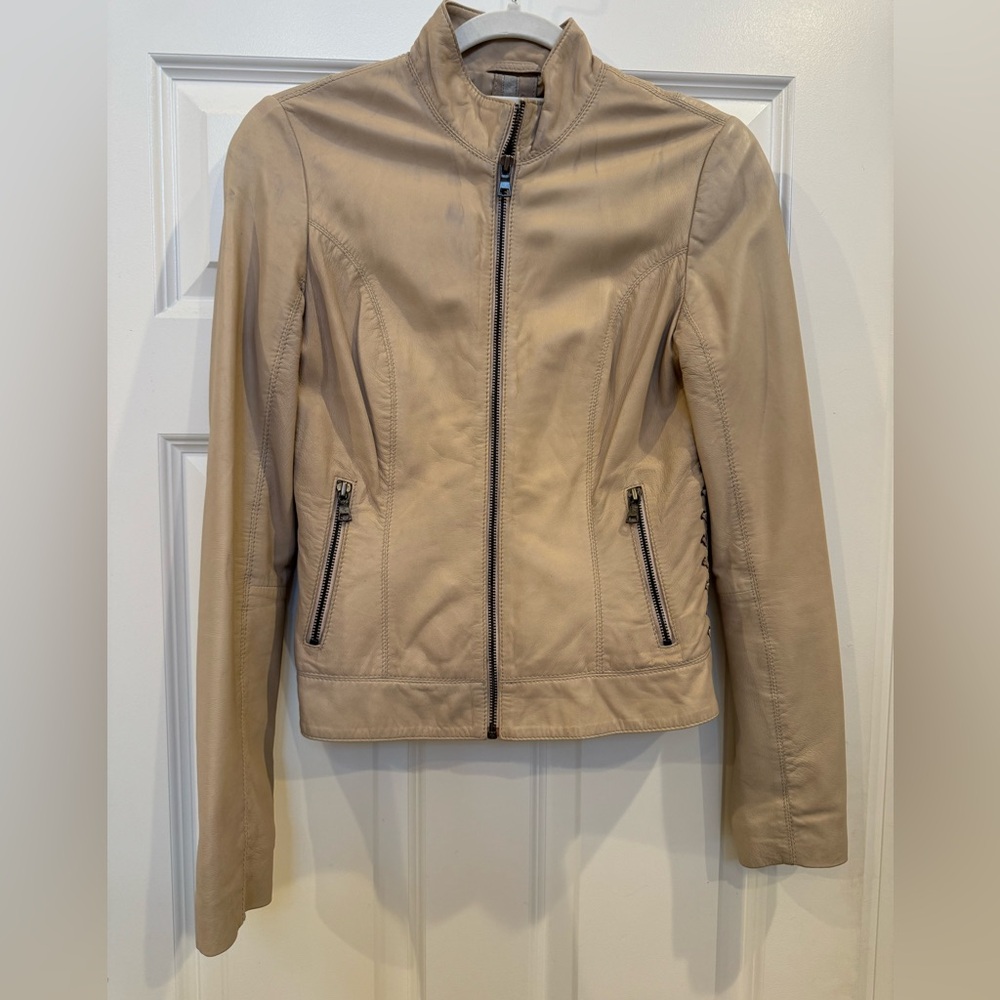 Malibu Road Tan Leather Biker Jacket With Whipstitch Detail